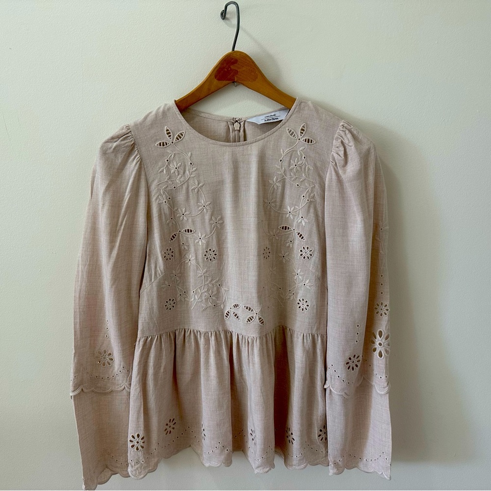 & Other Stories Linen Eyelet and Scalloped Peplum Blouse